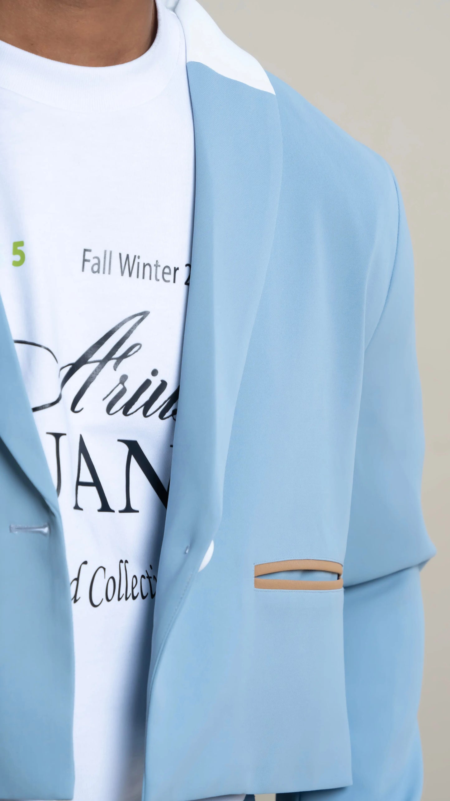 Photo of model in the Arius Juan Nature's Gift: Sky Blue Cropped Blazer posing for product picture.