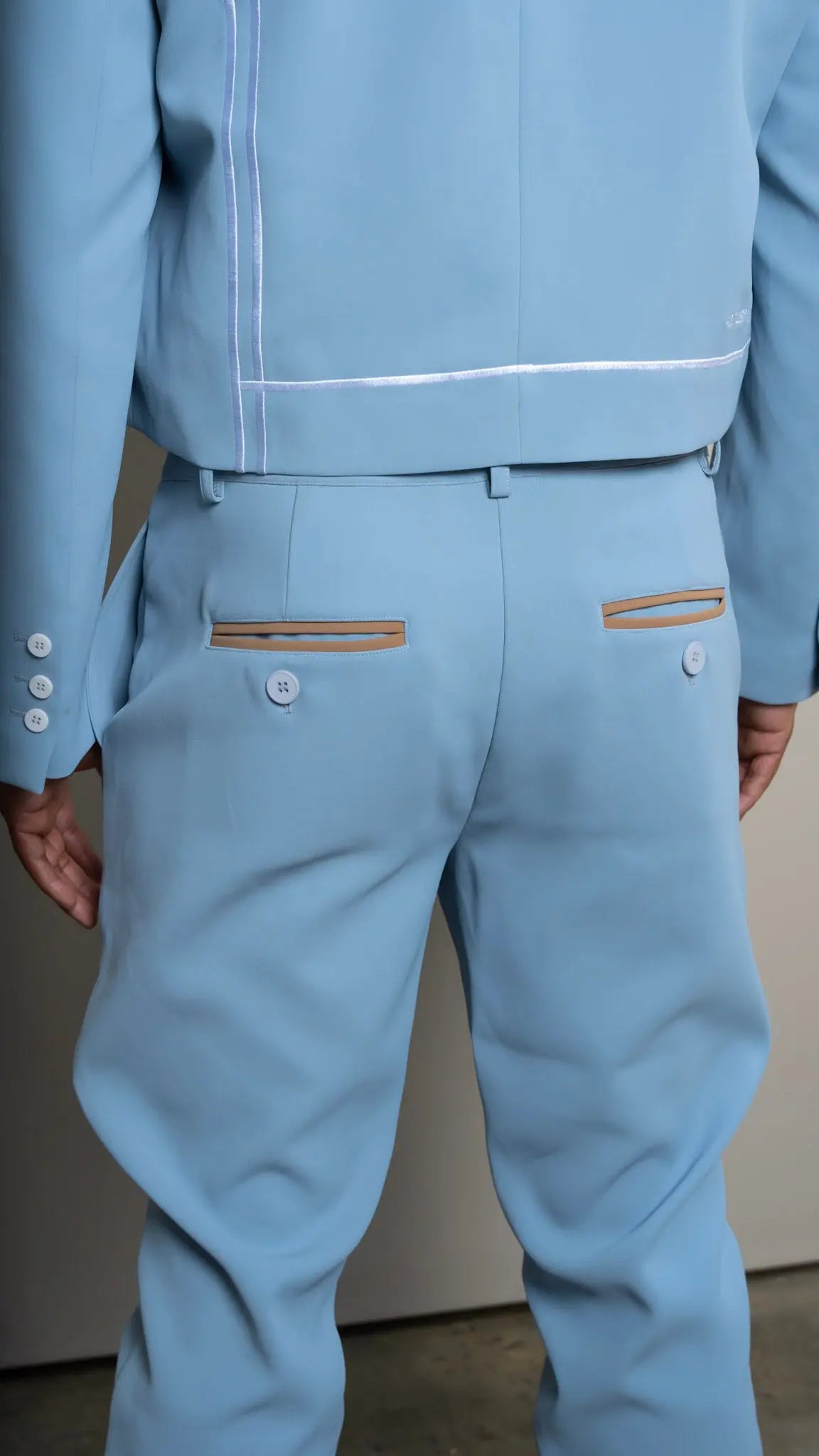 Photo of model in the Arius Juan Nature's Gift: Sky Blue Pants posing for product picture.