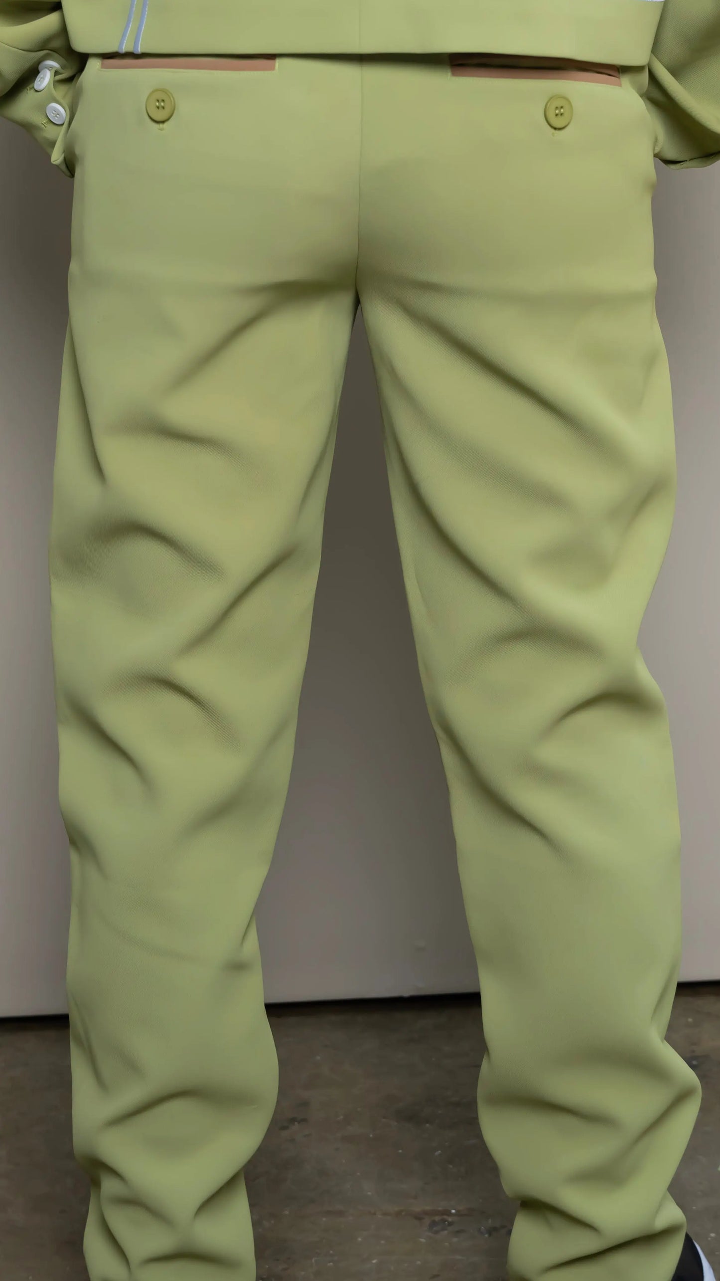 Photo of model in the Arius Juan Nature's Gift: Olive Green Pants posing for product picture.