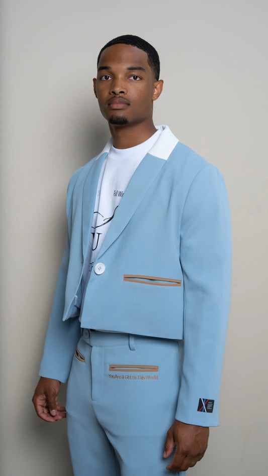 Photo of model in the Arius Juan Nature's Gift: Sky Blue Cropped Blazer posing for product picture.