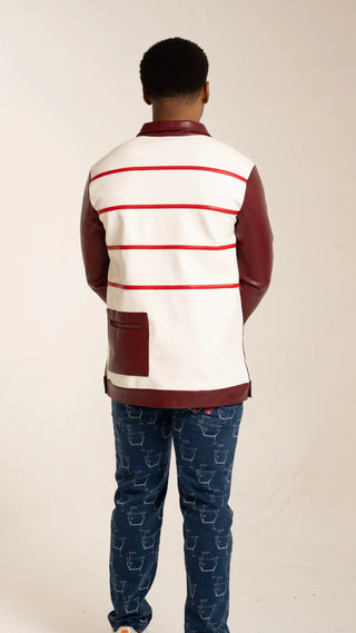 Crimson American Prep Vegan Leather Half-Striped Long Sleeve Polo (Made To Order) - Arius Juan